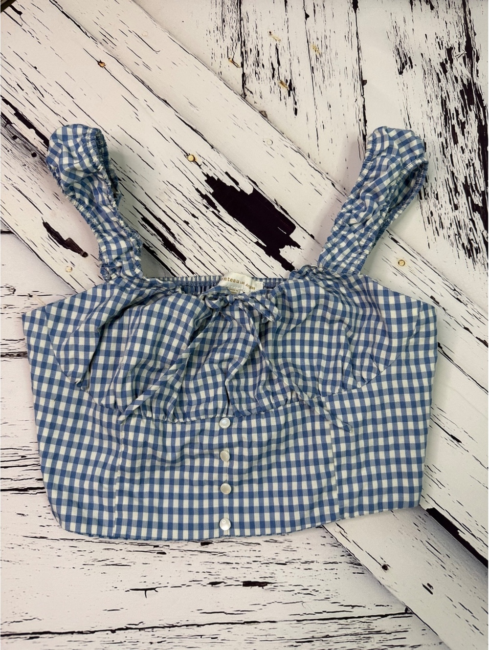 Monteau Cottagecore Gingham Tie Front Ruffle Strap Coquette Crop Top Women’s XL